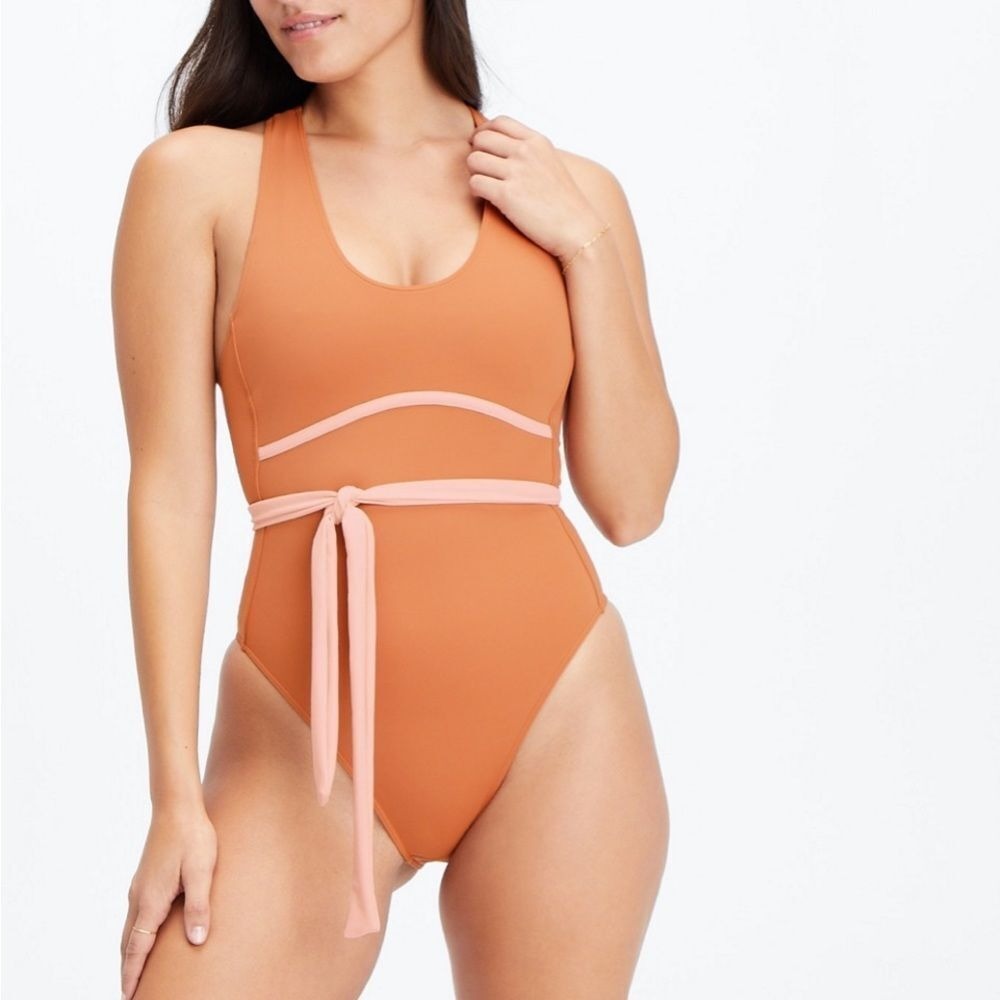 Fabletics Lace-Up Racerback Swimsuit Sequoia Pink Tint Medium New With Tags